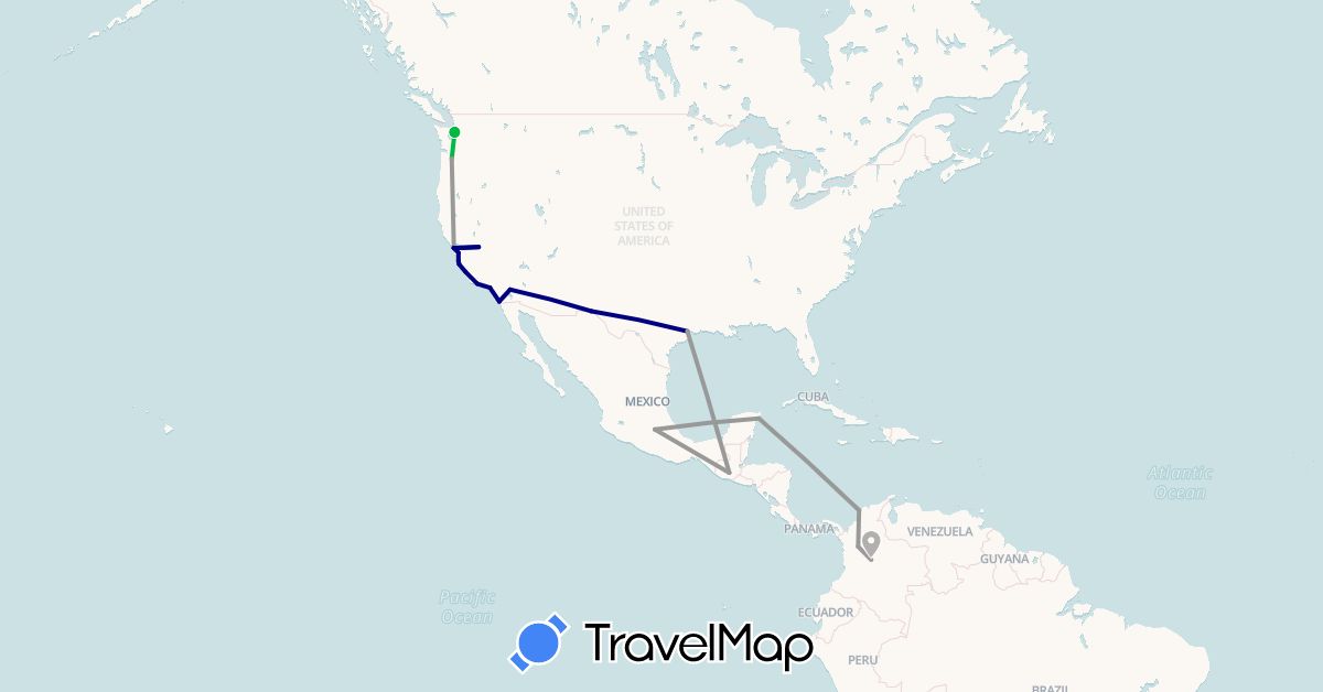 TravelMap itinerary: driving, bus, plane in Colombia, Guatemala, Mexico, United States (North America, South America)